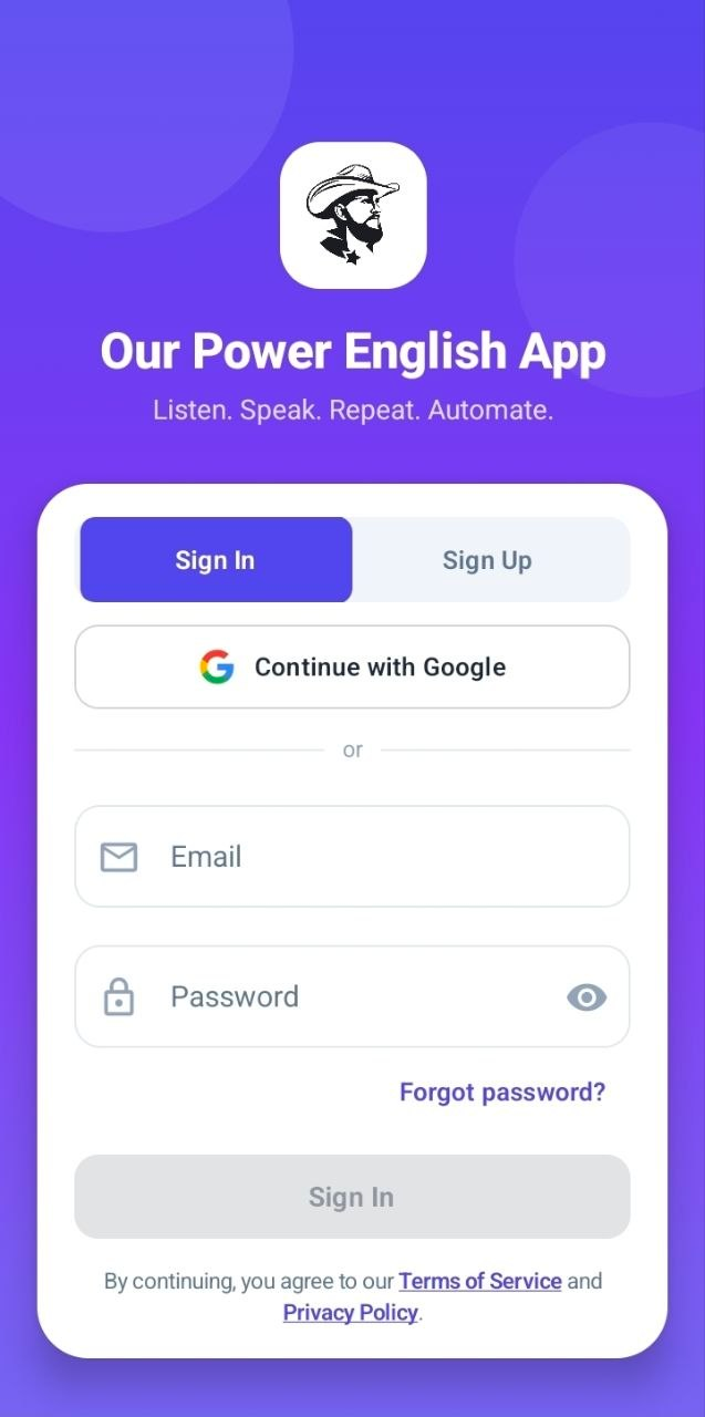 Current Our Power App sign-in and sign-up screen
